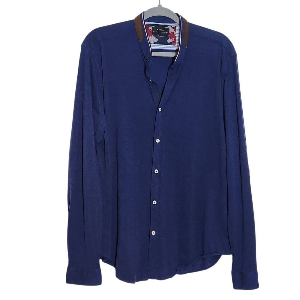 Zara Men's Navy Button-Up Shirt with faux Suede Trim Size XL Casual Navy Top